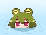  1girl animalization bangs blush commentary_request day eyebrows_visible_through_hair frog_eyes green_hair hair_between_eyes kemomimi-chan_(naga_u) looking_at_viewer naga_u original outdoors partially_submerged red_eyes ripples solo water 