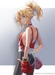  1girl ass bangs bare_shoulders black_pants blonde_hair blue_sports_bra blush border boxing_gloves braid breasts closed_mouth commentary crop_top fate/apocrypha fate_(series) french_braid gradient gradient_background green_eyes grey_background hair_ornament hair_scrunchie highres long_hair looking_at_viewer mordred_(fate) mordred_(fate)_(all) pants ponytail red_scrunchie red_shirt scrunchie shirt sidelocks small_breasts thighs tonee white_border 