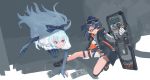  2girls absurdres black_bow black_footwear black_gloves black_hair black_jacket blue_hair bow braid caws_(girls_frontline) clenched_teeth closed_mouth creator_connection dress elbow_gloves full_body girls_frontline gloves goggles goggles_on_head gun handgun highres jacket long_hair multiple_girls open_clothes open_jacket orange_eyes pistol qyuandee3 red_eyes shield shoes shorts teeth thigh_strap tokarev_(girls_frontline) weapon white_dress white_gloves 