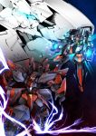  blue_eyes cannon clenched_hand firing glowing glowing_eyes granvang highres lightning_bolt looking_down mecha no_humans open_hand red_eyes sakusakusakurai super_robot super_robot_wars super_robot_wars_v vangnex vangray yellow_eyes 