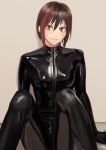  1girl bodysuit brown_eyes brown_hair eyebrows_visible_through_hair hair_between_eyes highres kilye_4421 latex_bodysuit looking_at_viewer multicolored_hair original redhead short_hair sitting skin_tight smile solo 