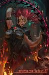  1girl armor armpits boots breastplate chains darksiders fury_(darksiders) glowing glowing_eyes judash137 lips long_hair looking_at_viewer muscle redhead smile solo weapon whip yellow_eyes 