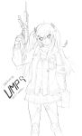  1girl absurdres armband character_name copyright_name girls_frontline greyscale gun h&amp;k_ump highres jacket knee_pads long_hair long_sleeves looking_at_viewer monochrome open_clothes open_jacket scar scar_across_eye signature sketch submachine_gun twintails ump9_(girls_frontline) warfakaid weapon 