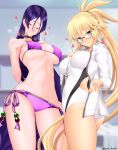  2girls artist_name ass bad_proportions bangs bikini blonde_hair blue_eyes blush breasts choker competition_swimsuit fate/grand_order fate_(series) glasses hair_between_eyes hand_up heart highres indoors jacket jeanne_d&#039;arc_(fate)_(all) jeanne_d&#039;arc_(swimsuit_archer) large_breasts long_hair looking_at_viewer minamoto_no_raikou_(fate/grand_order) minamoto_no_raikou_(swimsuit_lancer)_(fate) multiple_girls navel one-piece_swimsuit ponytail purple_bikini purple_hair side-tie_bikini swimsuit swimsuit_pull unadon very_long_hair violet_eyes whistle white_jacket white_swimsuit 