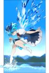  1girl black_border blue_bow blue_eyes blue_hair border bow cirno condensation_trail full_body hair_bow highres ice ice_wings joniko1110 lake landscape leg_up looking_down outstretched_arm puffy_short_sleeves puffy_sleeves short_sleeves single_sock snowflakes socks socks_removed solo touhou white_legwear wings 