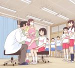  4boys 4girls apron blue_shorts doctor glasses indoors injection kiyo_(kyokyo1220) labcoat long_hair mask multiple_boys multiple_girls nurse red_shorts shirt short_sleeves short_twintails shorts sitting sleeves_rolled_up socks standing t-shirt twintails white_footwear white_shirt 