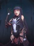  1girl bangs black_hair corruption crossover dark_persona highres hyuuga_hinata leebigtree leotard long_hair marvel naruto_(series) naruto_shippuuden open_mouth spider-man_(series) symbiote venom_(marvel) very_long_hair white_eyes 