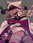  1girl animal_ears animal_hat ass bandages belt beltbra cape capelet cat_ears cat_hat cloak dark_skin fingerless_gloves gloves guilty_gear guilty_gear_strive hat highres long_hair looking_at_viewer mako_gai navel orange_eyes peaked_cap ramlethal_valentine short_shorts shorts simple_background solo thigh_strap twisted_torso white_hair wings yellow_eyes 