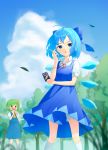  2girls :o ahoge angry arm_across_waist arms_up bloomers blue_dress blue_eyes blue_hair blue_sky blue_vest blurry blurry_background blurry_foreground candy cigarette_candy cirno clenched_hands clouds commentary_request cravat daiyousei day dress elbow_rest fairy_wings feet_out_of_frame food grass green_hair hair_ribbon highres holding_candy kanpa_(campagne_9) kneehighs leaf looking_at_another looking_at_viewer multiple_girls one_side_up open_mouth orion_cocoa_cigarettes outdoors pinafore_dress puffy_short_sleeves puffy_sleeves red_neckwear ribbon shirt short_hair short_sleeves sky standing touhou tree underwear vest white_legwear white_shirt wind wind_lift wings yellow_neckwear 