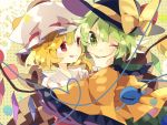  2girls :p :t black_headwear blonde_hair bow commentary_request crystal fingernails flandre_scarlet green_eyes green_hair hand_on_another&#039;s_chin hand_up hat hat_bow heart heart_in_eye heart_of_string highres komeiji_koishi long_fingernails long_sleeves looking_at_another mob_cap multiple_girls nikorashi-ka one_eye_closed polka_dot polka_dot_background red_eyes red_nails shirt short_hair side_ponytail symbol_in_eye third_eye tongue tongue_out touhou upper_body white_headwear white_shirt wide_sleeves wings wrist_cuffs yellow_bow yellow_shirt 