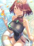  1girl bare_arms bare_shoulders beach black_swimsuit breasts chest_jewel covered_navel day fire from_above fujie-yz highres pyra_(xenoblade) innertube large_breasts looking_at_viewer magic one-piece_swimsuit outdoors solo swimsuit water xenoblade_(series) xenoblade_2 