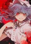  1girl :p blood blood_drop blood_splatter blue_hair constricted_pupils floating_hair frilled_sleeves frills hand_on_own_chest hat highres joniko1110 long_hair looking_at_viewer mob_cap puffy_short_sleeves puffy_sleeves red_eyes red_theme remilia_scarlet short_sleeves slit_pupils smile solo tongue tongue_out touhou upper_body 