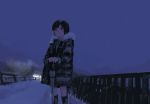  1girl as4kla bangs black_hair character_request copyright_request fur-trimmed_jacket fur_trim highres holding holding_umbrella jacket night night_sky open_clothes open_jacket outdoors scenery short_hair sky snow solo swept_bangs transparent transparent_umbrella umbrella winter 