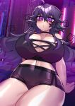  1girl :o absurdres ahoge bare_shoulders black_choker breasts choker city cityscape highres huge_breasts lewdweather long_hair nyarla_(osiimi) original osiimi purple_hair sidelocks thick_thighs thighs violet_eyes 