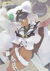  1girl absurdres bana_(stand_flower) bandages cape clover commentary_request dark_skin fingerless_gloves four-leaf_clover gloves guilty_gear guilty_gear_strive hat highres midriff navel open_mouth peaked_cap platinum_blonde_hair ramlethal_valentine short_shorts shorts yellow_eyes 