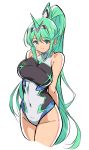  1girl absurdres bangs bare_arms bare_shoulders breasts covered_navel cowboy_shot earrings green_eyes green_hair highres jewelry large_breasts long_hair long_ponytail looking_at_viewer one-piece_swimsuit pneuma_(xenoblade) ponytail simple_background smile solo swept_bangs swimsuit tiara very_long_hair white_background xenoblade_(series) xenoblade_2 yuuuun0218 
