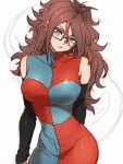  1girl android_21 blue_eyes breasts brown_hair checkered checkered_dress detached_sleeves dragon_ball dragon_ball_fighterz dress earrings glasses grey_background hair_between_eyes hoop_earrings jewelry kemachiku large_breasts long_hair looking_at_viewer solo 