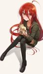 1girl ahoge black_footwear black_legwear collarbone eating eyebrows_visible_through_hair food hair_between_eyes highres holding holding_food jewelry long_hair looking_at_viewer mossi necklace red_eyes redhead shakugan_no_shana shana shoes simple_background sitting solo thigh-highs white_background 