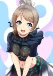  1girl :d alternate_costume alternate_hairstyle amagi_(volfuji) blue_eyes blush breast_squeeze breasts brown_hair choker contrapposto earmuffs eyebrows_visible_through_hair grey_hair hair_ribbon highres looking_at_viewer love_live! love_live!_sunshine!! medium_breasts midriff navel open_mouth raised_eyebrows ribbon short_hair short_sleeves skirt smile solo teeth tied_hair watanabe_you 