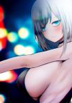  1girl ars_almal bangs bare_shoulders black_choker black_dress blue_eyes blurry blurry_background blush_stickers breasts choker chomikuplus closed_mouth covered_nipples dress from_side highres large_breasts looking_at_viewer medium_hair nijisanji revealing_clothes sideboob silver_hair virtual_youtuber 