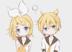  1boy 1girl ? arms_behind_back bangs bare_shoulders beige_background black_collar blonde_hair blue_eyes blush bow brother_and_sister collar commentary furrowed_eyebrows hair_bow hair_ornament hairclip head_tilt headphones highres hitode kagamine_len kagamine_rin light_frown looking_at_viewer neckerchief necktie sailor_collar school_uniform shirt short_hair short_ponytail short_sleeves siblings sleeveless sleeveless_shirt spiky_hair swept_bangs twins upper_body v-shaped_eyebrows vocaloid white_bow white_shirt yellow_neckwear 