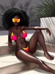  1girl afro arm_support artist_name bare_arms bare_legs bare_shoulders barefoot big_hair black_hair breasts breasts_apart closed_mouth collarbone dark_skin day facing_viewer gradient_clothes highres knee_up large_breasts leaning_back lips long_hair lulu-chan92 multicolored multicolored_clothes navel orange-tinted_eyewear original outdoors over-rim_eyewear photo-referenced plant potted_plant semi-rimless_eyewear shiny shiny_skin sitting sitting_on_stairs solo stairs stomach sunglasses sunlight thighs very_dark_skin watermark web_address 
