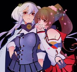  2girls anno88888 bangs black_background black_gloves black_skirt breasts brown_eyes brown_hair closed_mouth detached_sleeves flower glasses gloves hair_between_eyes headgear hip_vent kantai_collection large_breasts leaning_on_person long_hair multiple_girls musashi_(kantai_collection) partly_fingerless_gloves petals pink_flower pleated_skirt ponytail red_eyes red_skirt remodel_(kantai_collection) sakuramon sidelocks silver_hair simple_background skirt smile yamato_(kantai_collection) 