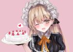  1girl blonde_hair blush breasts cake cross cross_earrings earrings eyebrows_visible_through_hair food frilled_hairband frills girls_frontline hairband highres jewelry light_brown_eyes looking_at_viewer martinreaction medium_breasts ppk_(girls_frontline) puffy_short_sleeves puffy_sleeves short_sleeves smile solo 