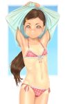  1girl arms_up bikini blue_background brown_eyes flat_chest forehead hair_ornament hairclip highres long_hair looking_at_viewer navel original pink_bikini polka_dot polka_dot_bikini solo standing swimsuit undressing uzuki_mei 