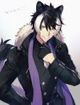  1boy adjusting_clothes adjusting_necktie animal_ears black_coat black_gloves black_hair buckle buttons coat commentary_request fur_trim gloves grin highres holostars jacket kageyama_shien long_sleeves looking_at_viewer male_focus multicolored_hair namakawa necktie purple_scarf scarf short_hair simple_background smile solo standing streaked_hair teeth upper_body virtual_youtuber white_hair white_neckwear yellow_eyes zipper 
