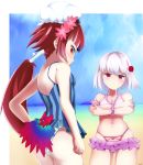 ass bangs bare_shoulders beach benienma_(fate/grand_order) bikini bikini_skirt blue_sky blue_swimsuit blush breasts closed_mouth collarbone fate/grand_order fate_(series) frilled_bikini frills highres kama_(fate/grand_order) long_hair looking_at_viewer low_ponytail navel one-piece_swimsuit pink_bikini red_eyes redhead short_hair silver_hair sky small_breasts striped summer_enma-tei suntakuchan swimsuit thighs vertical-striped_swimsuit vertical_stripes 