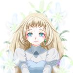  1girl bangs blonde_hair blue_eyes dress earrings eve_(gundam_build_divers_re:rise) flower gundam gundam_build_divers gundam_build_divers_re:rise jewelry light_smile plant s-kirime solo white_dress 