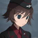  1girl akagi_(fmttps) artist_name bangs black_headwear black_jacket blue_eyes brown_hair closed_mouth dress_shirt garrison_cap girls_und_panzer hat insignia jacket kuromorimine_military_uniform light_frown looking_to_the_side mauko_(girls_und_panzer) military military_hat military_uniform portrait red_shirt shirt short_hair solo twitter_username uniform wing_collar 