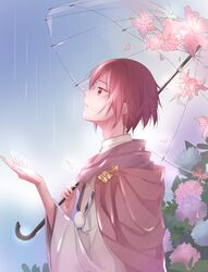  1boy absurdres flower food_fantasy highres hydrangea kirikuraria mizu_shingen_mochi outdoors over_shoulder personification petals pink_eyes pink_hair profile rain short_hair solo transparent transparent_umbrella umbrella wide_sleeves 