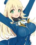  1girl alchera arms_up atago_(kantai_collection) beret blonde_hair blue_headwear breasts commentary_request green_eyes hat kantai_collection large_breasts long_hair looking_at_viewer military military_uniform simple_background solo uniform upper_body white_background 