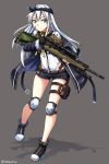  1girl artist_name bandaid belt belt_buckle blue_eyes bolt_action boots buckle denim denim_shorts eyebrows_visible_through_hair fingerless_gloves full_body girls_frontline gloves grey_background gun hair_between_eyes highres holding holding_gun holding_weapon jacket knee_pads leotard long_hair ndtwofives shadow short_shorts shorts simple_background sniper solo standing thigh_pouch watermark weapon white_hair xm3_(girls_frontline) 