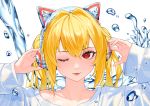  1girl absurdres animal_ears blonde_hair blush cat_ear_headphones collarbone commentary_request eyebrows_visible_through_hair face fake_animal_ears fang hair_between_eyes hair_ornament headphones highres lips long_hair long_sleeves looking_at_viewer lower_teeth mincho one_eye_closed open_mouth original parted_lips red_eyes simple_background slit_pupils smile solo sweater symbol_commentary twintails white_background white_sweater 