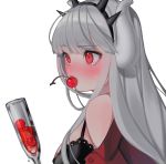 1girl absurdres alcohol bangs bare_shoulders black_bra blunt_bangs blush bra breasts collared_shirt commentary cup demon_girl demon_horns drinking_glass eyebrows_visible_through_hair from_side gloves grey_hair grey_horns guunhanchi helltaker highres holding horns jacket lace lace-trimmed_bra long_hair long_sleeves looking_at_viewer looking_away lucifer_(helltaker) medium_breasts mole mole_under_eye mouth_hold open_clothes open_shirt red_eyes red_shirt shirt sidelocks silver_hair simple_background solo underwear white_background wine wine_glass 