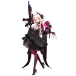  1girl alternate_costume assault_rifle bangs black_dress black_flower black_gloves blonde_hair blush breasts cup dinergate_(girls_frontline) dress drinking_glass flower girls_frontline glass gloves gun hair_flower hair_ornament headgear high_heels holding holding_gun holding_weapon m4_carbine m4_sopmod_ii m4_sopmod_ii_(girls_frontline) mechanical_arm medium_breasts megaphone multicolored_hair official_art open_mouth pantyhose prosthesis prosthetic_arm red_eyes red_legwear redhead rifle ro635_(dinergate) short_hair_with_long_locks shuaiaba single_glove solo streaked_hair transparent_background weapon wine_glass 