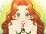  1girl :d brown_hair clenched_hand earrings flower gloves green_background green_eyes hair_flower hair_intakes hair_ornament hands_up highres idolmaster idolmaster_cinderella_girls jewelry kusakabe_wakaba long_hair open_mouth simple_background smile solo tachibana_iii thick_eyebrows upper_body wavy_hair white_gloves 
