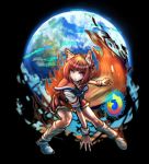  1girl absurdres animal_ears black_background blue_eyes dangan_ronpa dgrp_(minhduc12333) earth eyebrows_visible_through_hair fire firefox firefox_(merryweather) fox_ears fox_tail full_body gradient_hair highres internet_explorer_(webcomic) komatsuzaki_rui_(style) looking_at_viewer multicolored_hair open_mouth orange_hair parody parted_lips personification sailor_collar short_hair simple_background socks solo style_parody tail teeth 