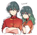  1boy 1girl alternate_costume blue_eyes blue_hair byleth_(fire_emblem) byleth_eisner_(female) byleth_eisner_(male) closed_mouth cosplay crossed_arms fire_emblem fire_emblem:_three_houses naho_(pi988y) ranma_1/2 saotome_ranma saotome_ranma_(cosplay) short_hair simple_background twitter_username upper_body white_background 