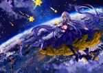  1girl absurdly_long_hair absurdres chinese_commentary city_lights clouds dress earth elbow_gloves fingerless_gloves floating frilled_dress frills gloves hair_ribbon highres holding jamjar77 long_hair looking_at_viewer night open_mouth purple_dress purple_gloves purple_hair quad_tails ribbon shooting_star sidelocks solo space star_(sky) stellated_octahedron thigh-highs very_long_hair vocaloid wide_shot xingchen yellow_eyes 