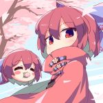  1girl blush_stickers bow cape cherry_blossoms closed_eyes commentary_request day disembodied_head eating food food_in_mouth hair_bow high_collar isu_(is88) looking_at_viewer outdoors petals purple_bow red_eyes redhead sakura_mochi sekibanki short_hair solo touhou tree wagashi 