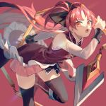  1girl black_legwear boots detached_sleeves highres knee_boots lemontea long_hair looking_at_viewer magical_girl mahou_shoujo_madoka_magica open_mouth polearm ponytail red_eyes red_footwear redhead sakura_kyouko solo spear thigh-highs weapon 