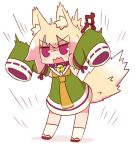  1girl animal_ear_fluff animal_ears arms_up bangs bare_shoulders bell bell_collar blonde_hair brown_collar brown_footwear collar detached_sleeves dress eyebrows_visible_through_hair folded_ponytail fox_ears fox_girl fox_tail green_dress green_sleeves hair_ornament hiss jingle_bell kemomimi-chan_(naga_u) long_hair long_sleeves naga_u orange_neckwear original red_eyes sailor_collar sailor_dress shadow sidelocks sleeves_past_fingers sleeves_past_wrists socks solo standing tail v-shaped_eyebrows white_background white_legwear white_sailor_collar 