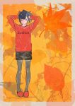  1girl adjusting_hair autumn autumn_leaves bangs black_eyes black_hair black_shorts blunt_bangs dithered_background dithering english_text flat_chest full_body ginkgo_leaf grey_legwear hair_ornament hair_scrunchie highres leaf looking_to_the_side maple_leaf orange_theme original pantyhose ponytail red_footwear red_shirt scrunchie shadow shirt shorts slippers solo standing sw.31 