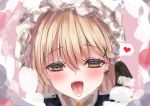  1girl blonde_hair blush cream cream_on_face cross cross_earrings earrings eyebrows_visible_through_hair food food_on_face frilled_hairband frills girls_frontline hairband highres jewelry light_brown_eyes looking_at_viewer martinreaction naughty_face pov ppk_(girls_frontline) puffy_short_sleeves puffy_sleeves saliva saliva_trail short_sleeves smile solo 