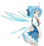  1girl ahoge asakura_maru blue_bow blue_dress blue_eyes blue_hair bow cirno commentary_request cowboy_shot cropped_legs detached_wings dress from_side hair_bow ice ice_wings looking_at_viewer neck_ribbon open_mouth red_neckwear ribbon shirt short_hair short_sleeves simple_background smile solo touhou white_background white_shirt wings 