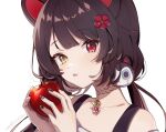  1girl animal_ears apple bangs bare_shoulders black_hair black_nails brown_eyes captain_yue collarbone dog_ears dog_hair_ornament eyebrows_visible_through_hair flower food fruit hair_flower hair_ornament hands_up heterochromia holding holding_food inui_toko long_hair low_twintails nail_art nail_polish nijisanji off-shoulder_shirt off_shoulder red_apple red_eyes red_flower shirt simple_background solo twintails virtual_youtuber white_background white_shirt 